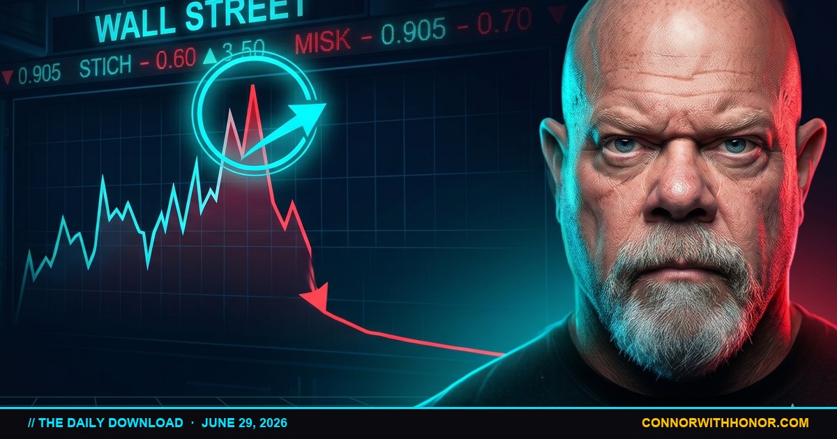 Connor MacIvor breaks down how AI is repricing work, housing, identity, and food all at once in June 2026, with a Wall Street chart falling behind him